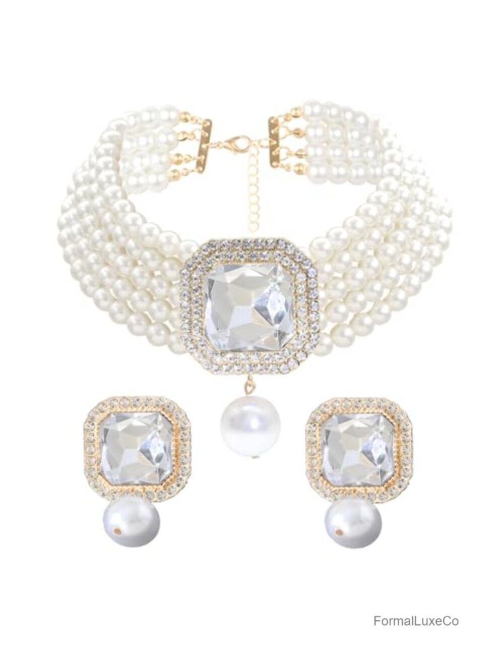 Pearl Choker Necklace & Earrings Set Bridal Rhinestone